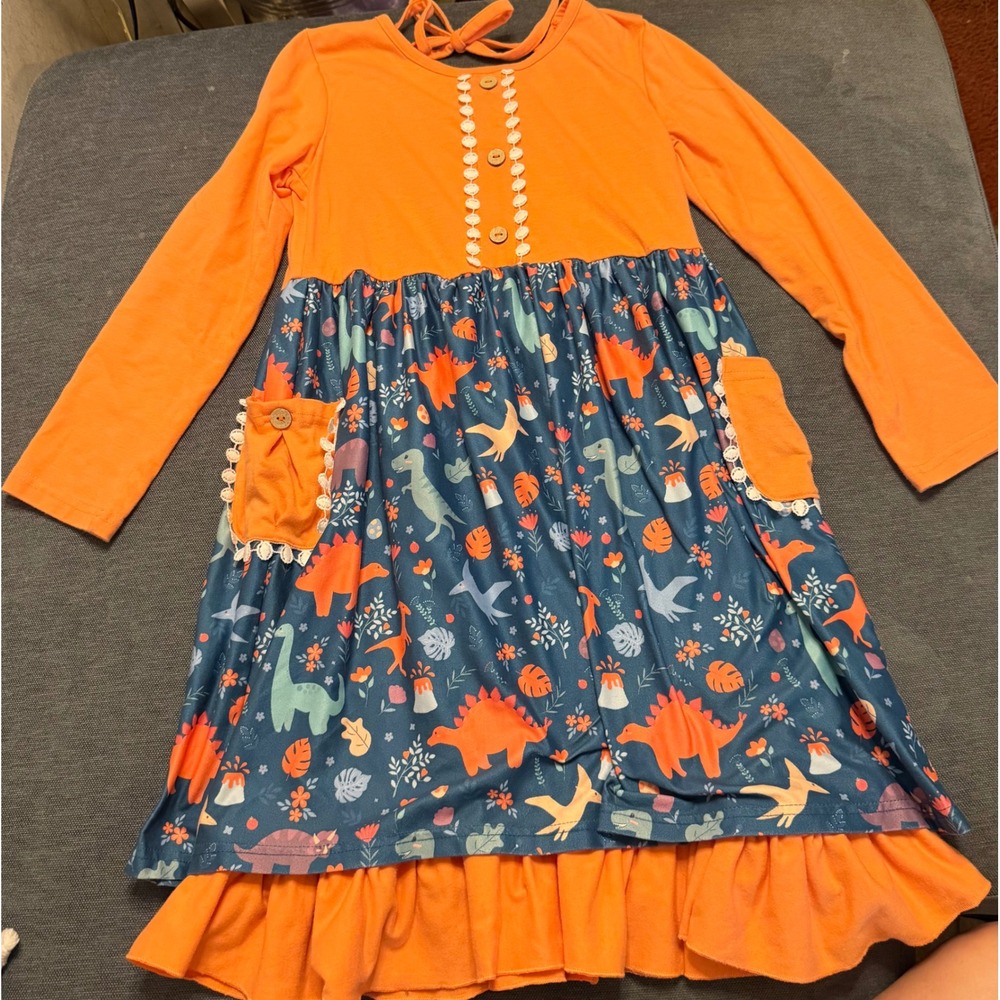 Dash of Glitter Kids Orange Dinosaur Print Long Sleeve Ruffle Pocket Dress 4XL‎